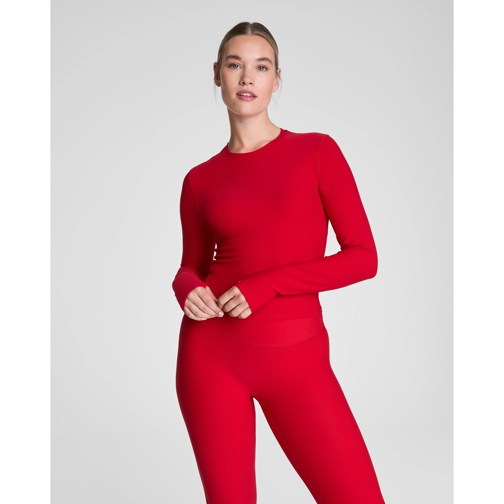 Spanx SPANXsmooth OnForm Long Sleeve Top Red Crew Neck Thumbholes Medium NEW